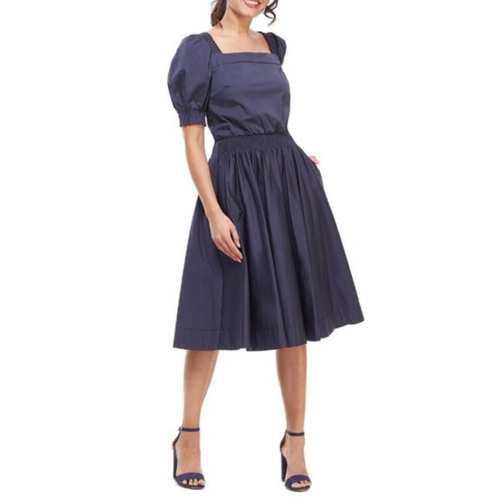 Gal Meets Glam Anastasia puff sleeve square neckline Navy Blue Midi Dress